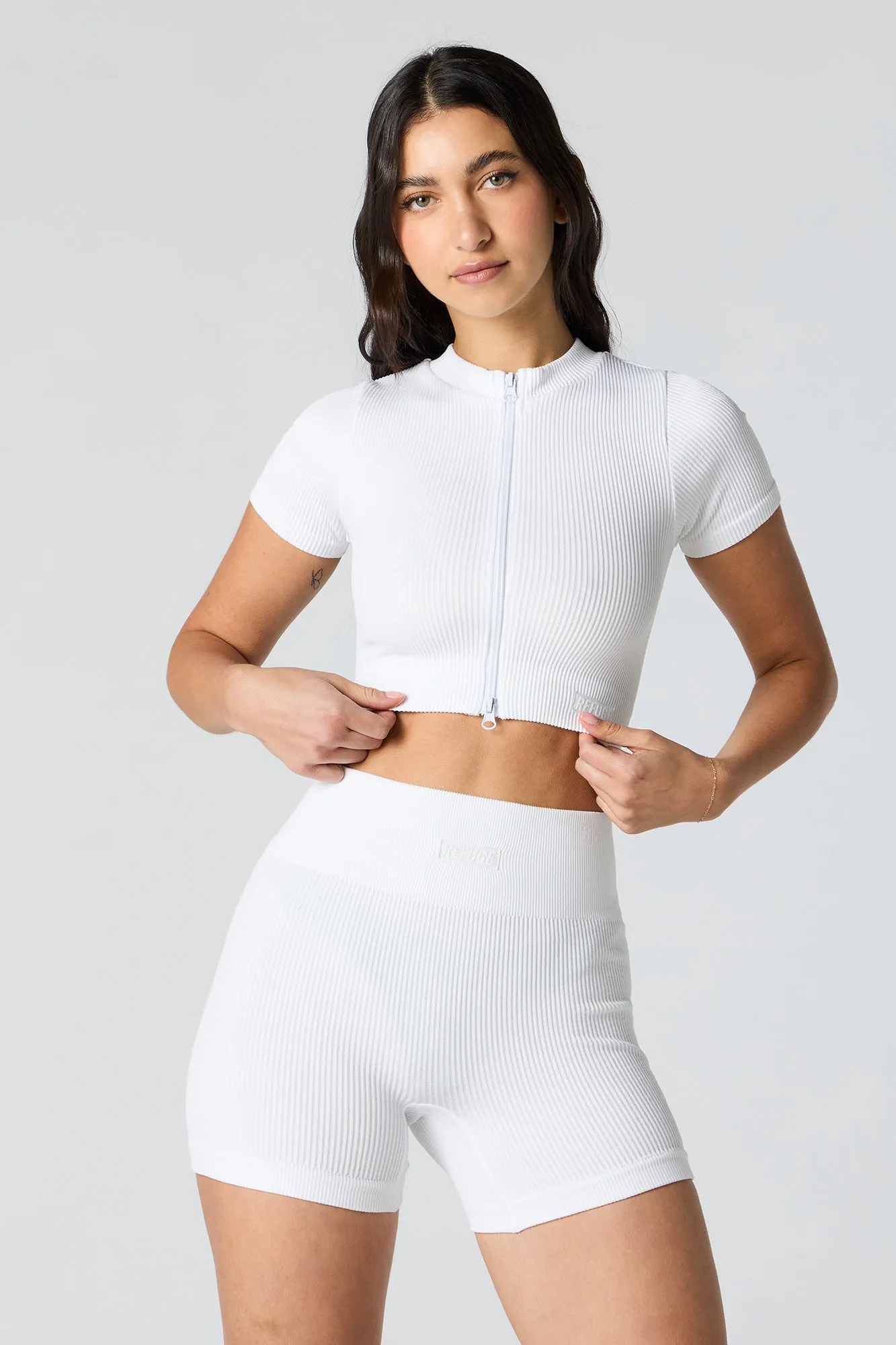 Active Seamless Ribbed Zip-Up Short Sleeve Top