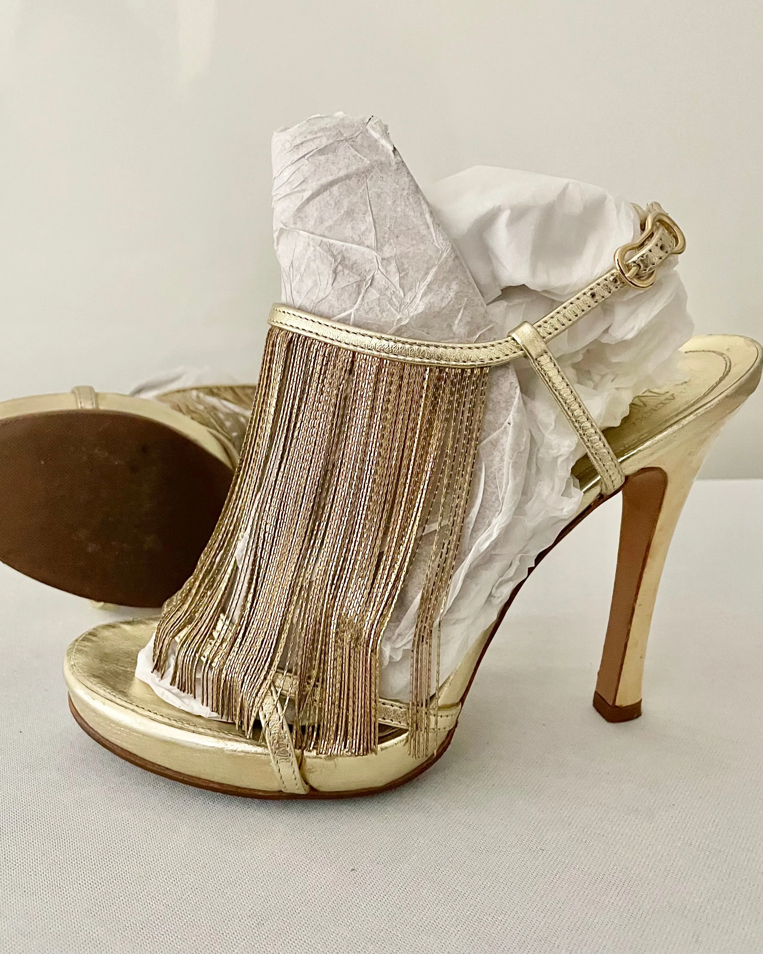 Alexander McQueen Gold Metal Fringe T-Strap Slingback Leather Sandals