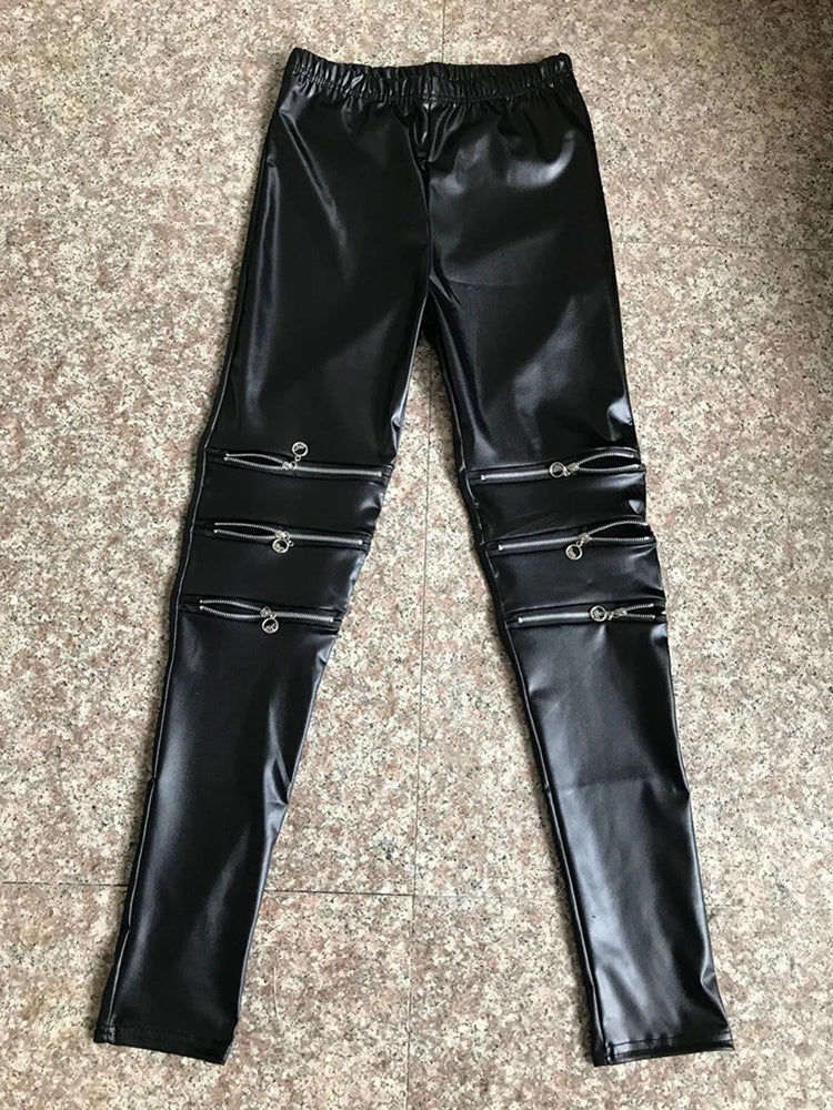 Black Gothic Faux Leather Leggings - Sexy Slim Fit with High-Elasticity and Three Zipper Knee Design