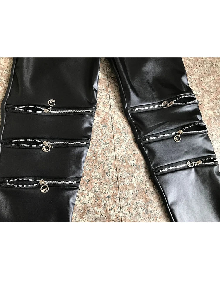 Black Gothic Faux Leather Leggings - Sexy Slim Fit with High-Elasticity and Three Zipper Knee Design