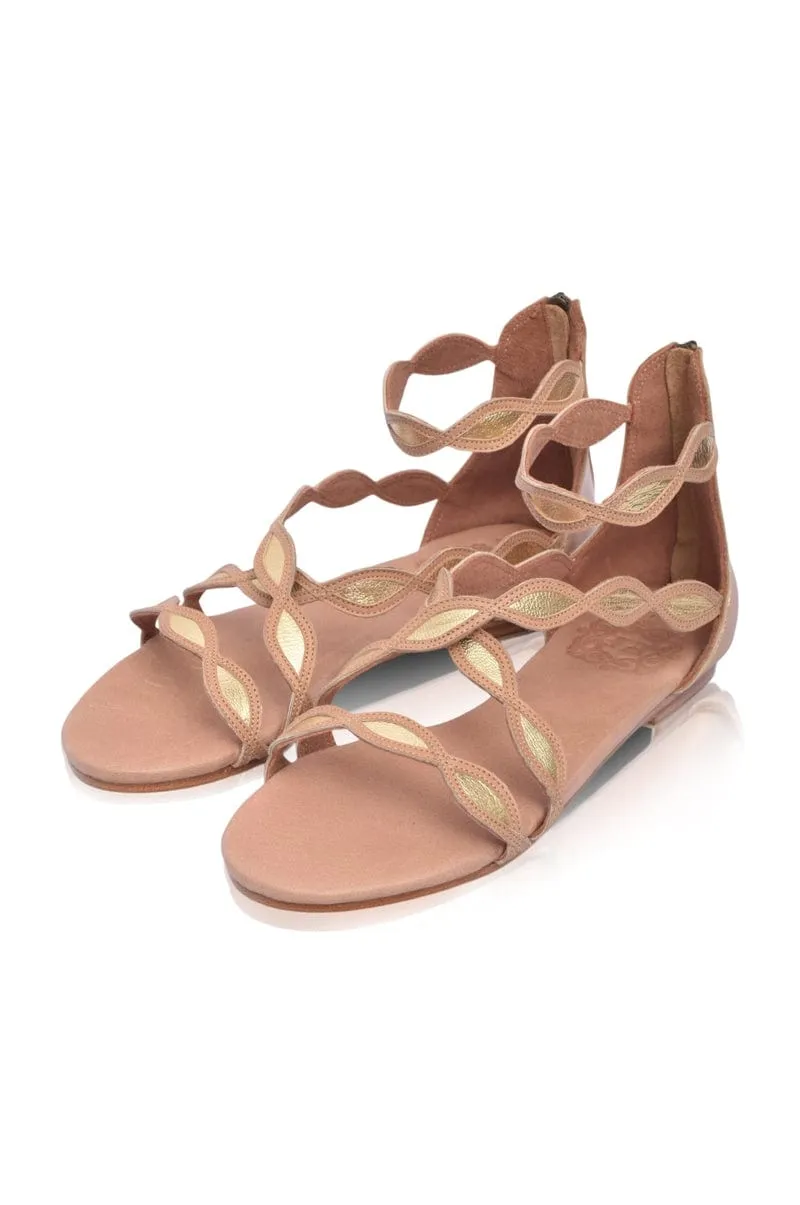 Blossom Leather Sandals in Beige and Gold