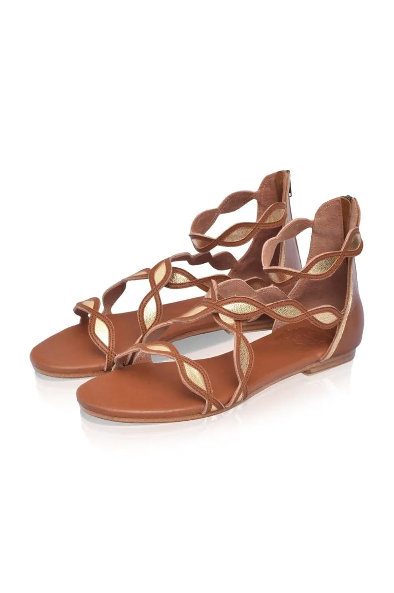 Blossom Leather Sandals in Beige and Gold