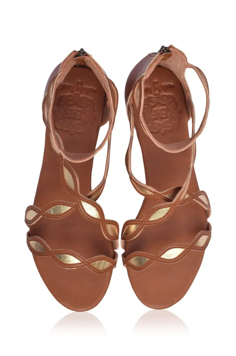 Blossom Leather Sandals in Camel and Gold