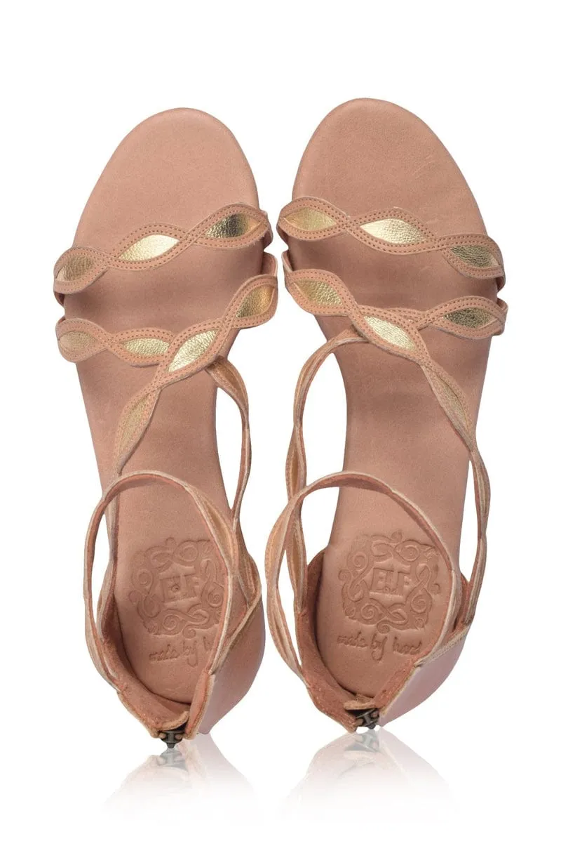 Blossom Leather Sandals in Camel and Gold