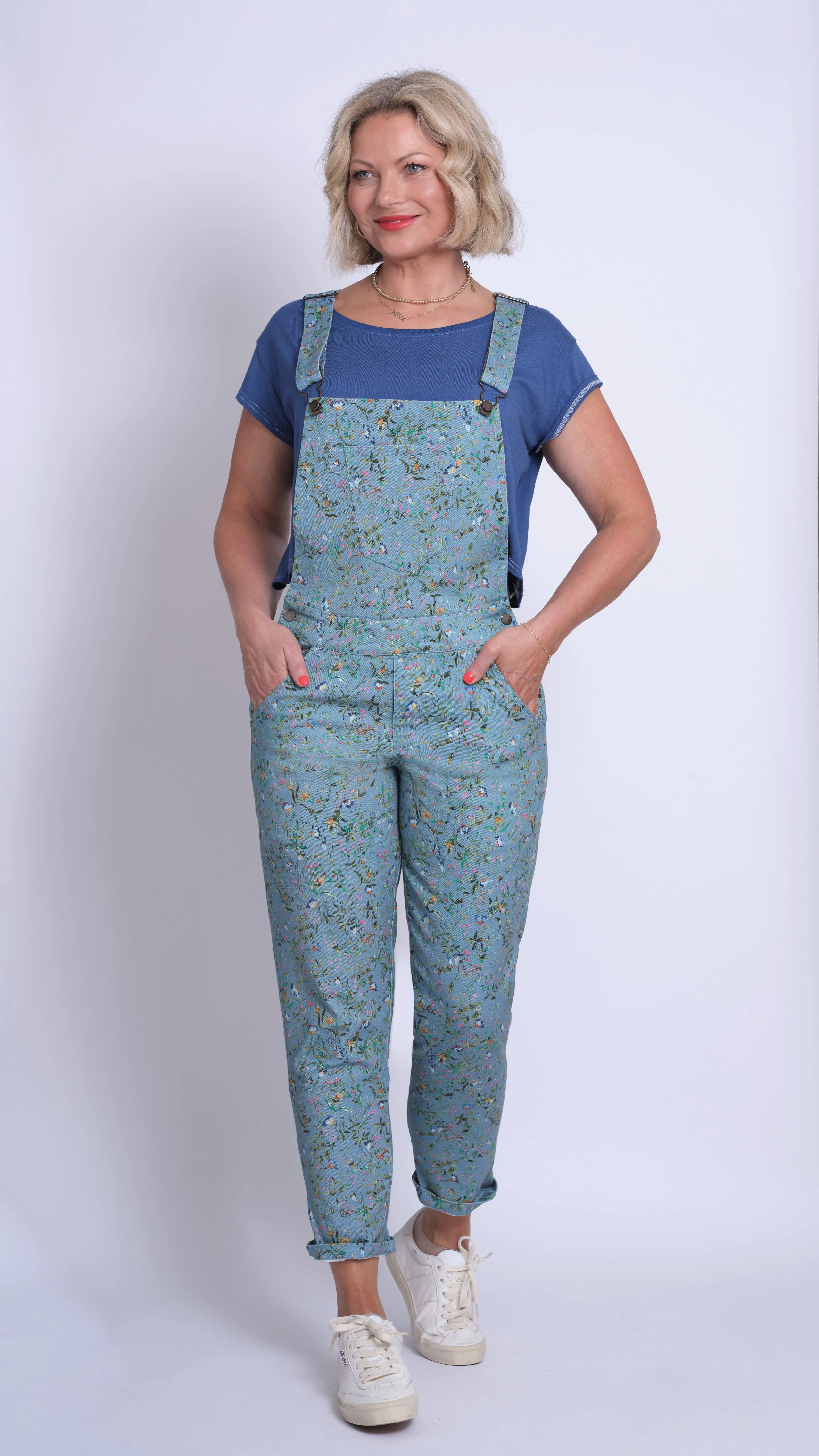 Blue Botanical-print stretch Meggi dungarees