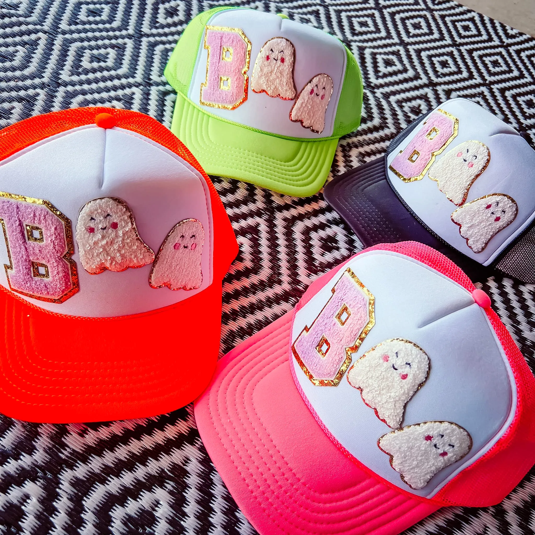 Boo Chenille Trucker Hats in Neon Orange