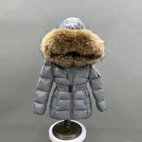 Childrens Grey Luxury Fur Padded Belted Coat