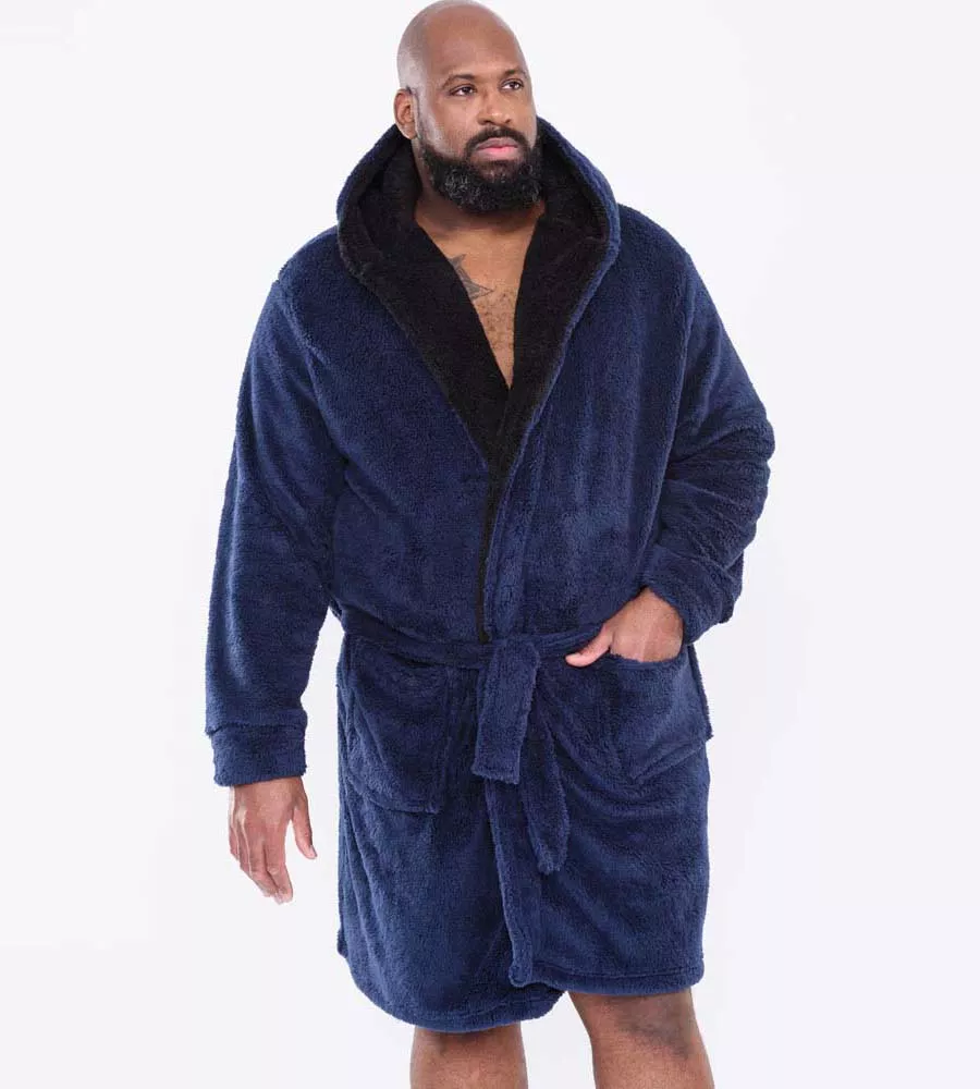 D555 Big Mens Super Soft Navy Dressing Gown With Hood (NEWQUAY)