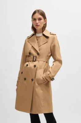 Double-breasted trench coat with buckled belt