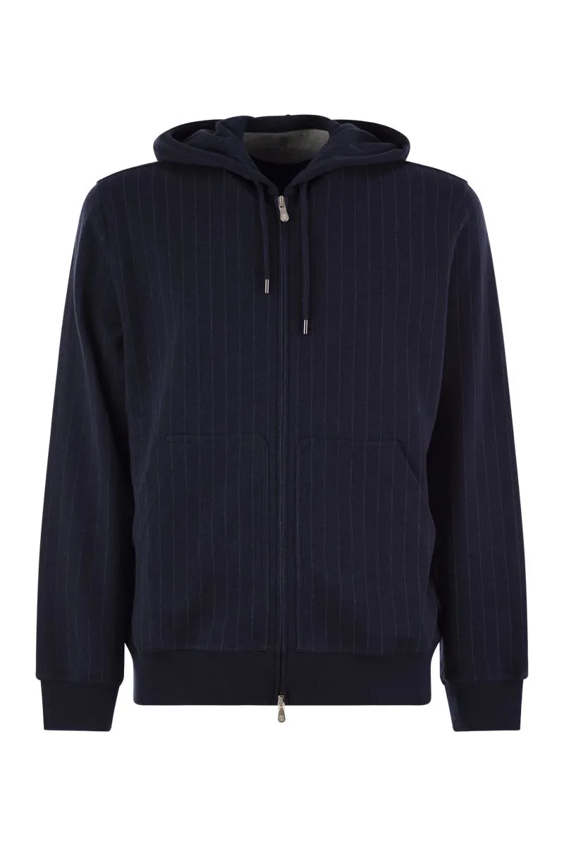 DOUBLE PINSTRIPE FLEECE TOPWEAR IN COTTON, CASHMERE AND SILK WITH ZIP AND HOOD