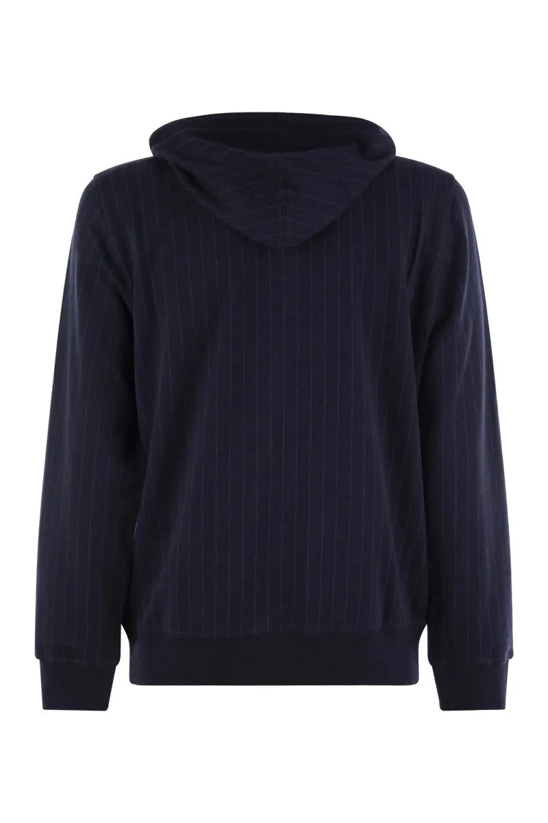 DOUBLE PINSTRIPE FLEECE TOPWEAR IN COTTON, CASHMERE AND SILK WITH ZIP AND HOOD