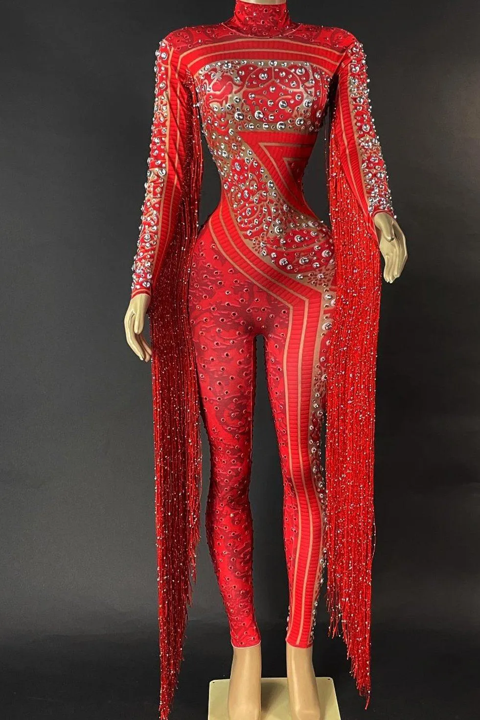 Emery Red Diamante Tassel Bodysuit