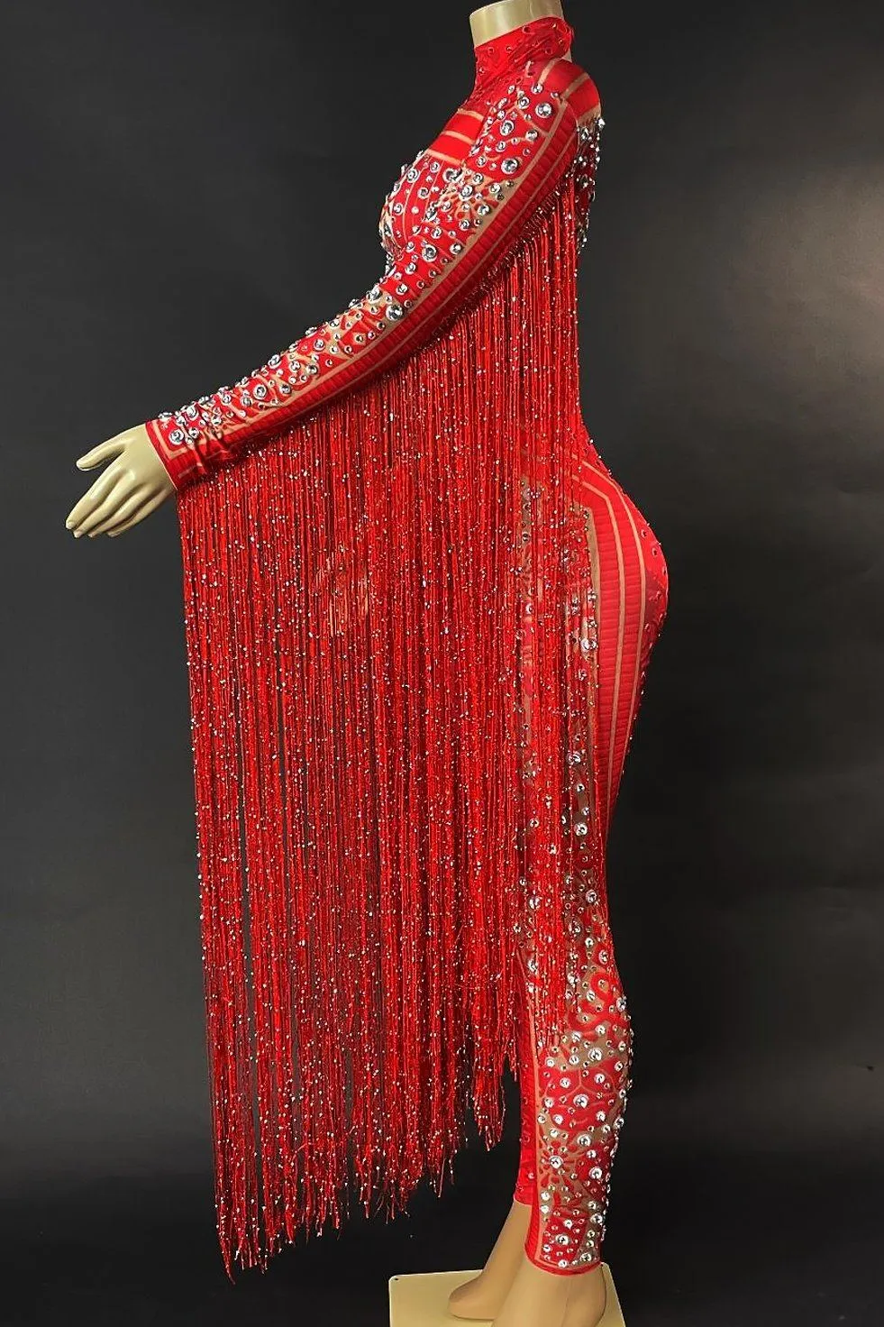 Emery Red Diamante Tassel Bodysuit