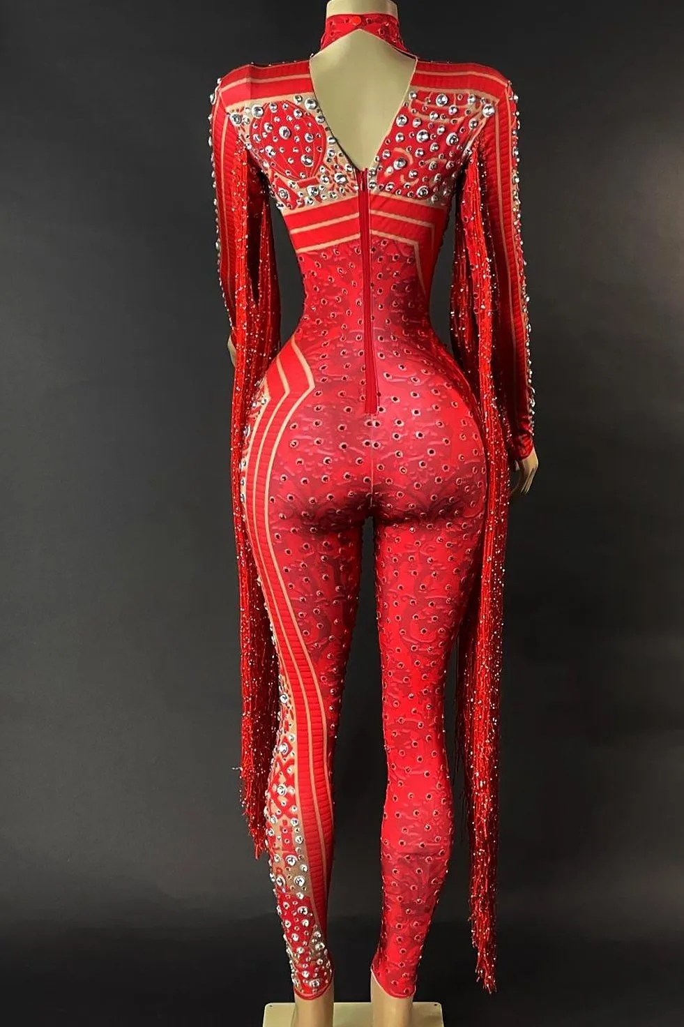 Emery Red Diamante Tassel Bodysuit