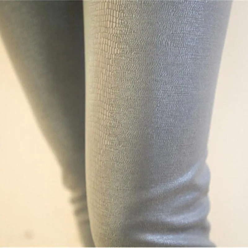 Faux Leather Slim Leggings with Snake Skin Texture