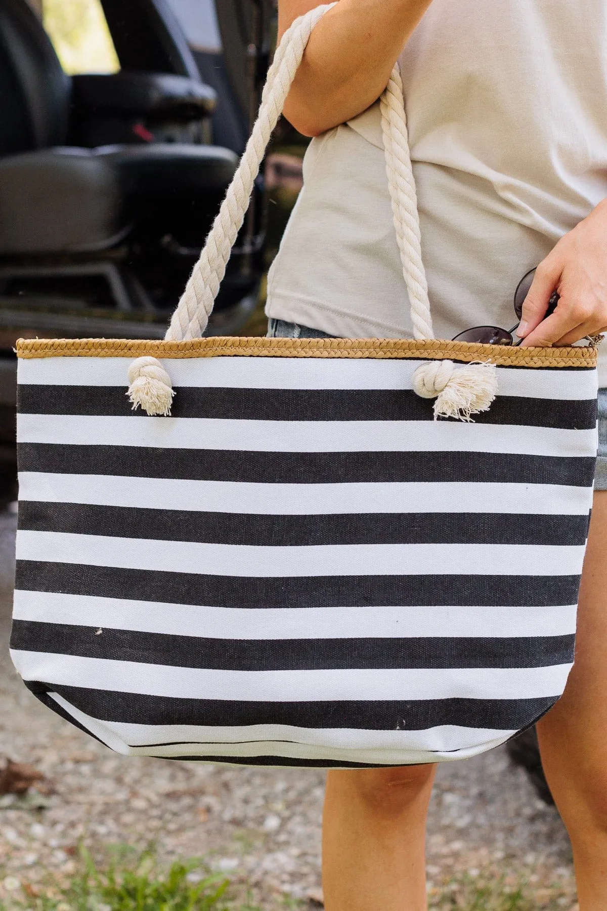 Feel The Breeze Striped Tote- Black & Ivory