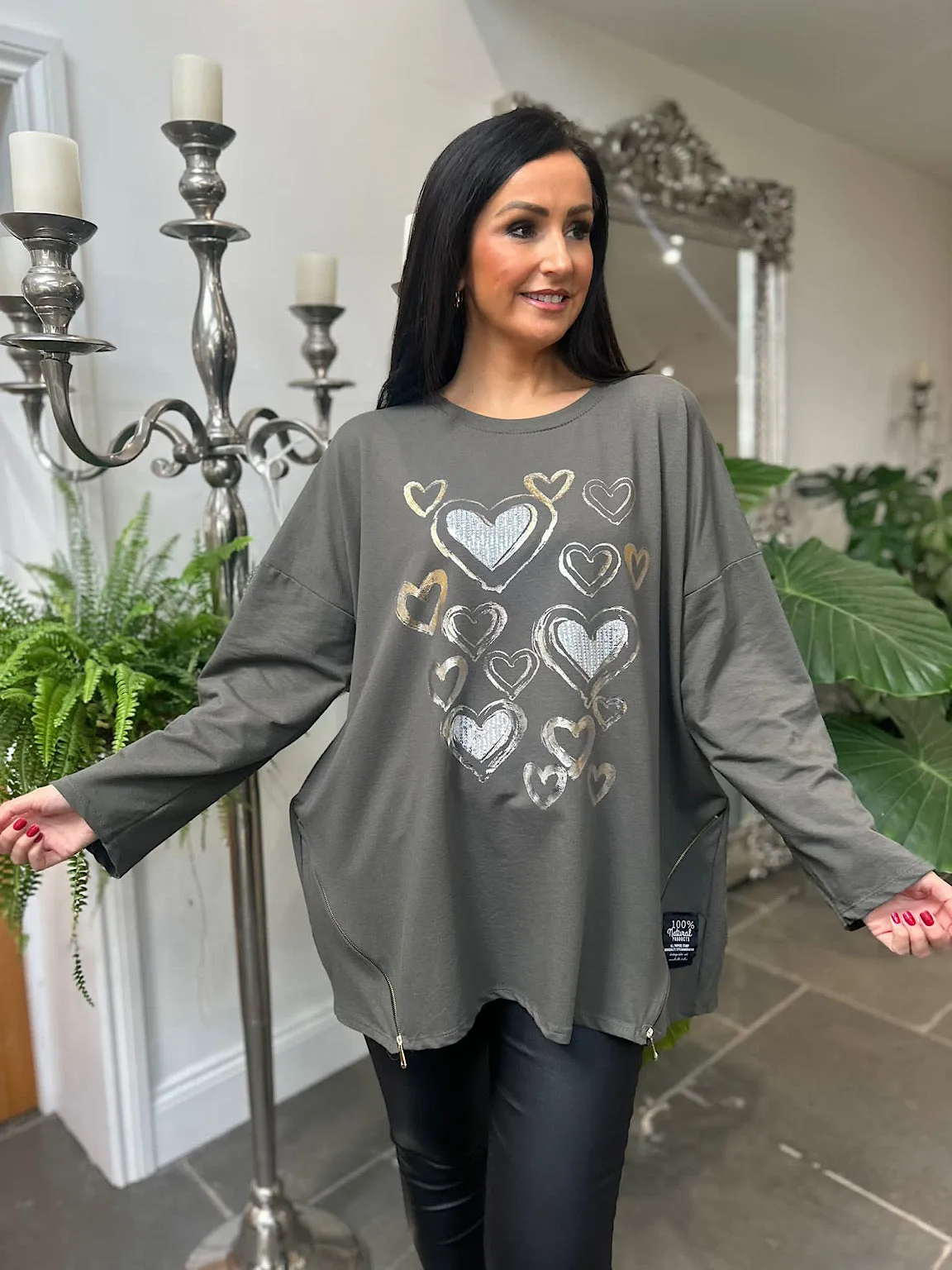 Khaki Multi Heart Zip Top April