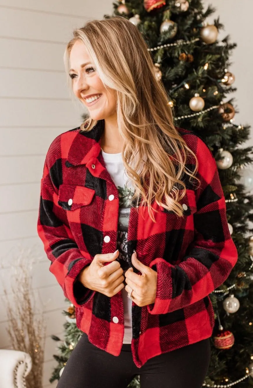 Mistletoe Kisses Plaid Button Up Sherpa- Red & Black