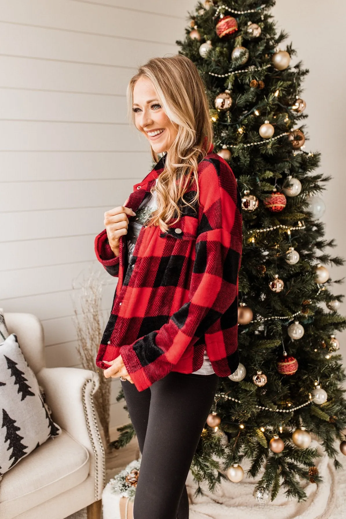 Mistletoe Kisses Plaid Button Up Sherpa- Red & Black