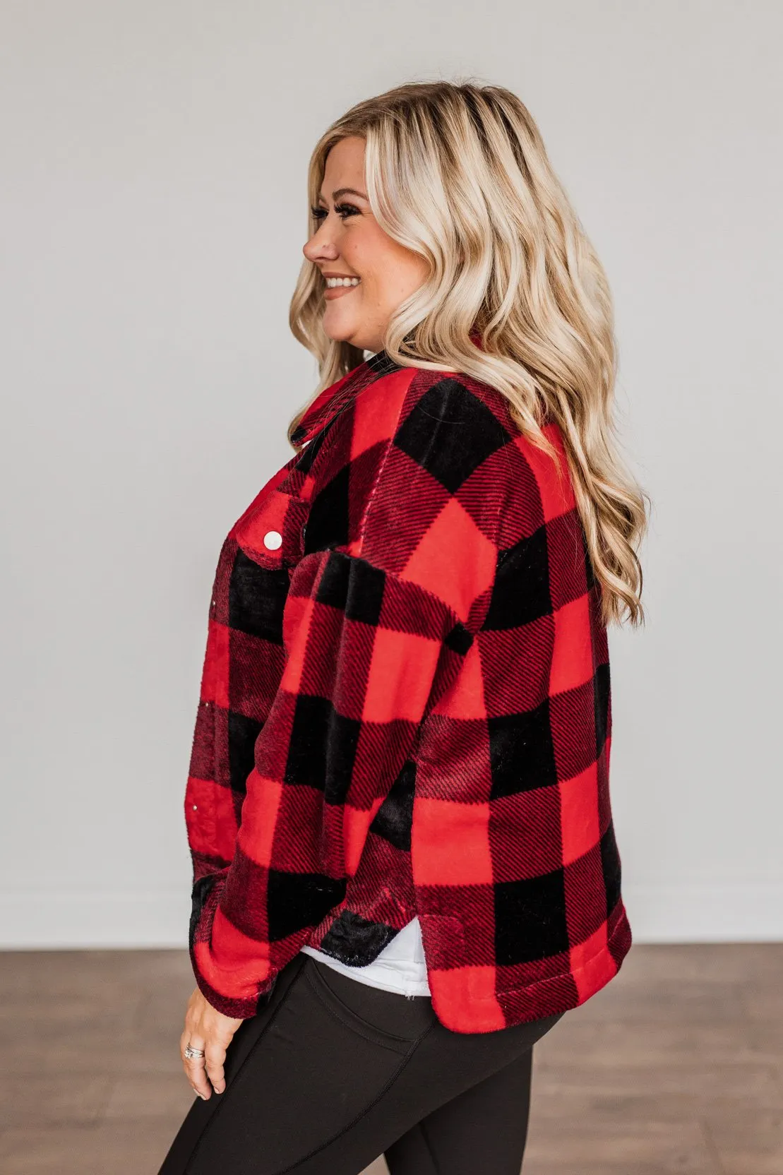 Mistletoe Kisses Plaid Button Up Sherpa- Red & Black