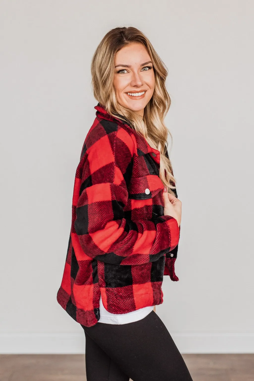 Mistletoe Kisses Plaid Button Up Sherpa- Red & Black