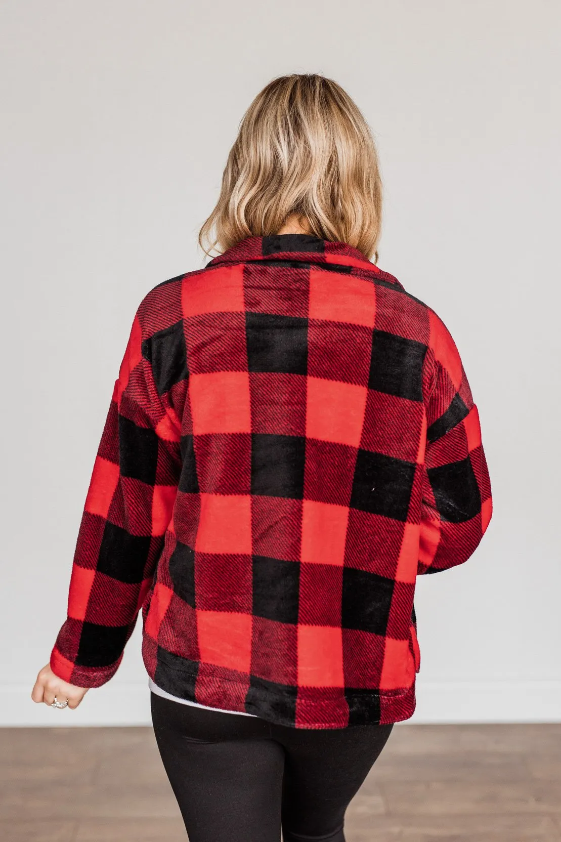 Mistletoe Kisses Plaid Button Up Sherpa- Red & Black