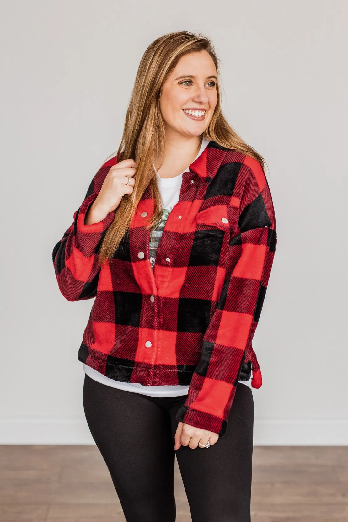 Mistletoe Kisses Plaid Button Up Sherpa- Red & Black