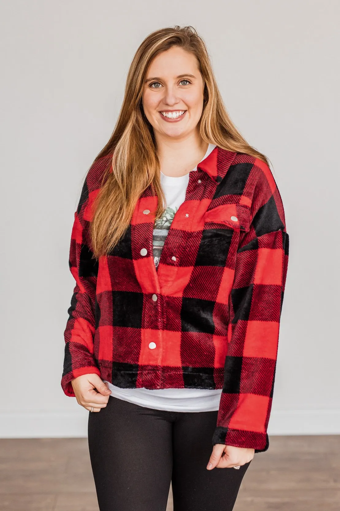 Mistletoe Kisses Plaid Button Up Sherpa- Red & Black