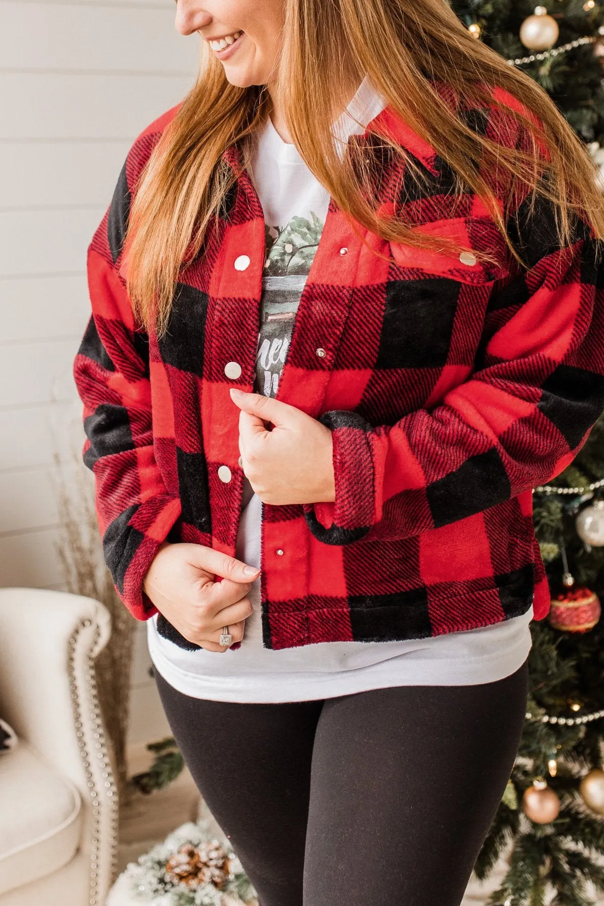 Mistletoe Kisses Plaid Button Up Sherpa- Red & Black