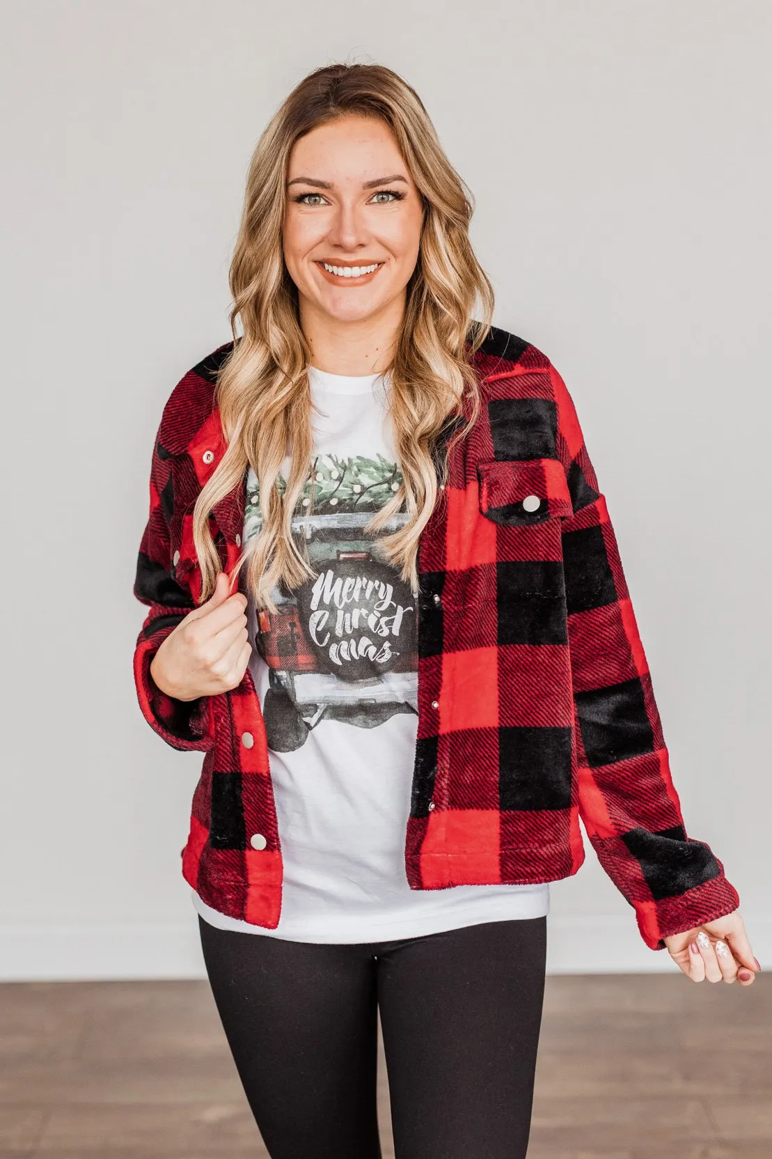 Mistletoe Kisses Plaid Button Up Sherpa- Red & Black