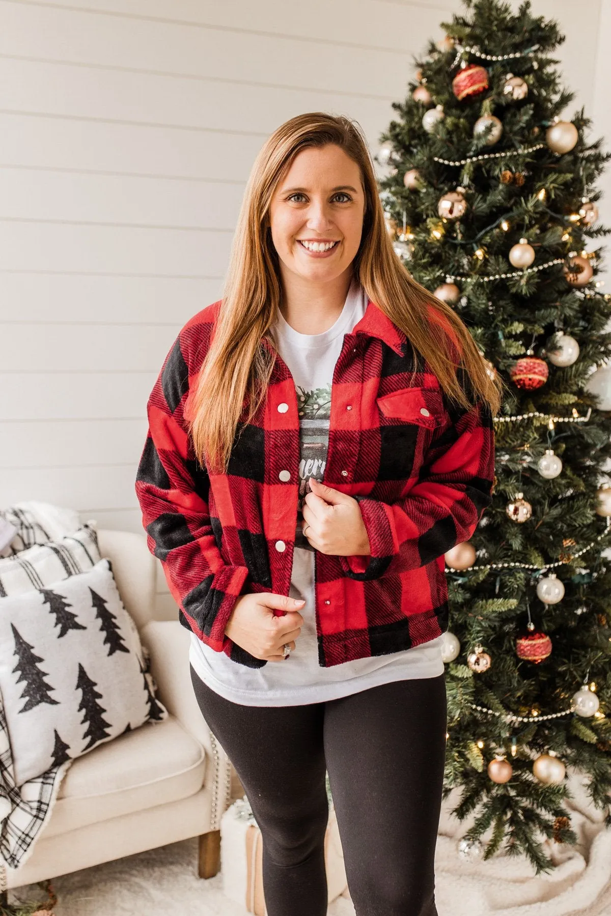 Mistletoe Kisses Plaid Button Up Sherpa- Red & Black