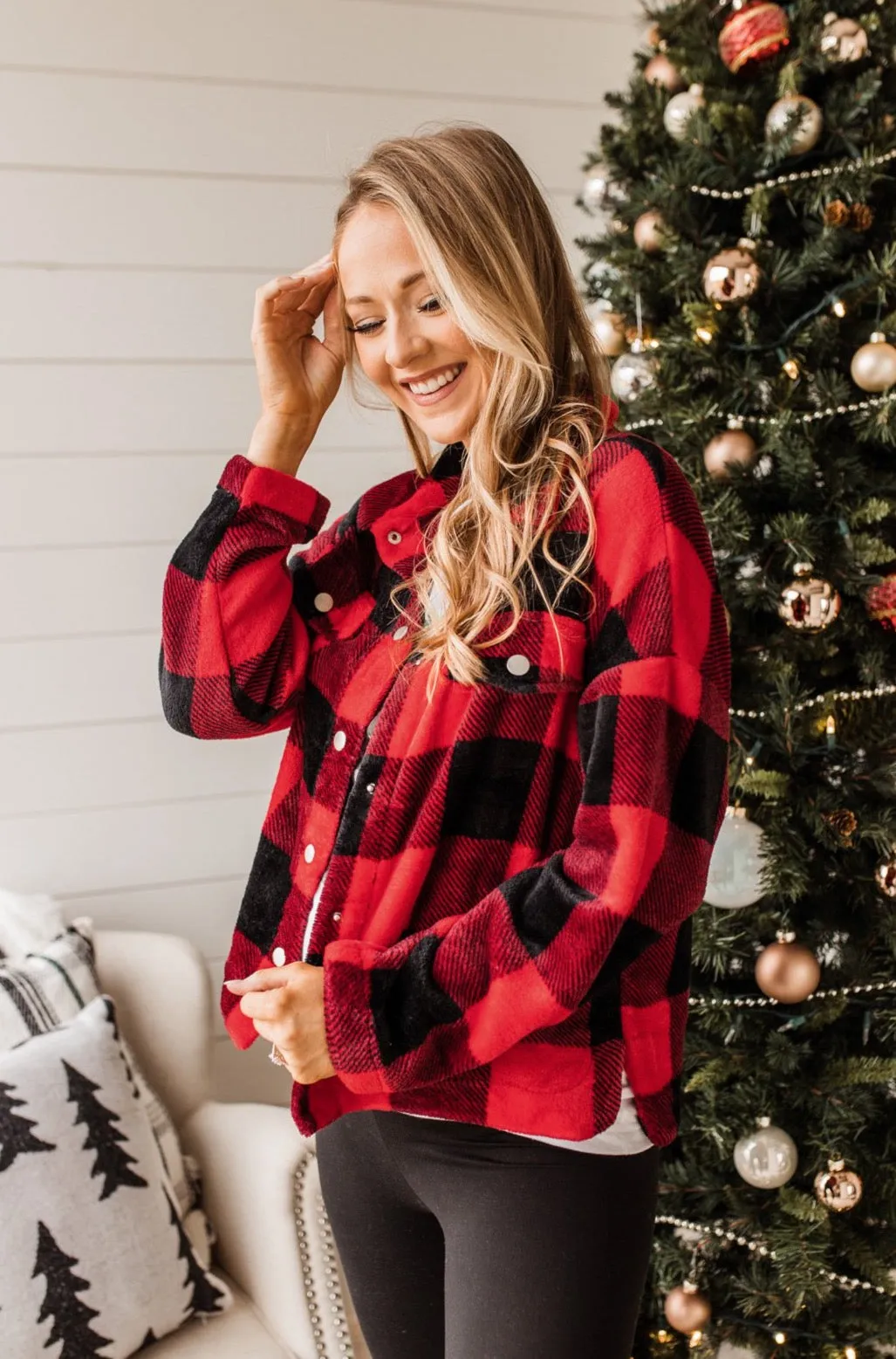 Mistletoe Kisses Plaid Button Up Sherpa- Red & Black