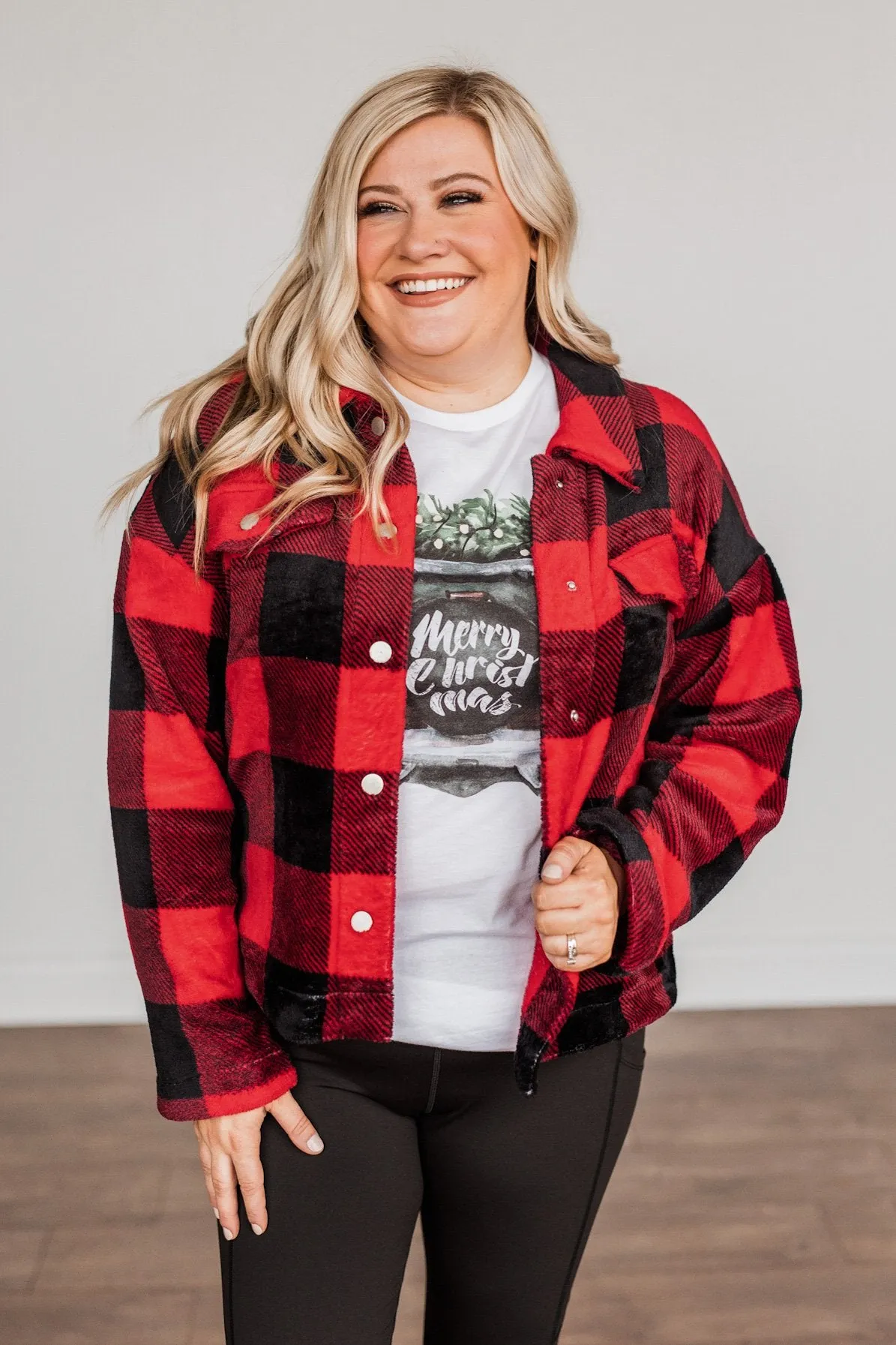 Mistletoe Kisses Plaid Button Up Sherpa- Red & Black