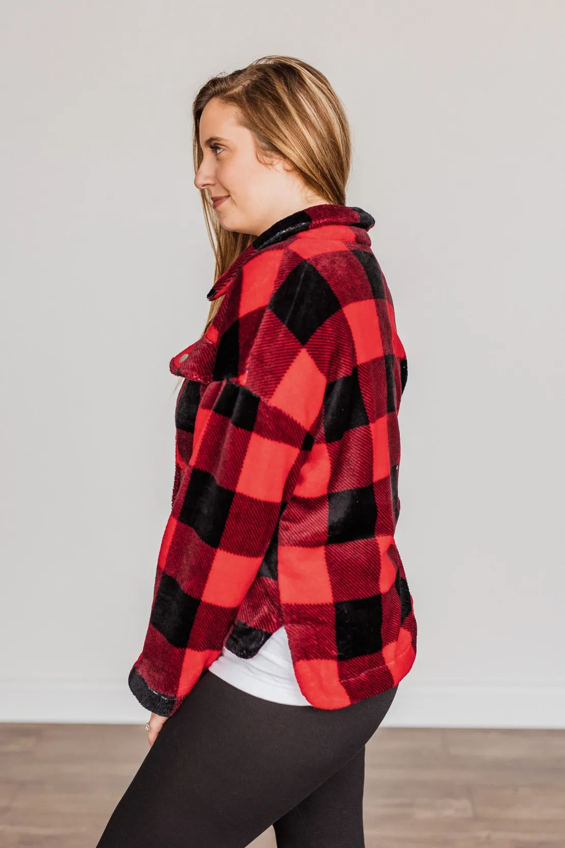 Mistletoe Kisses Plaid Button Up Sherpa- Red & Black