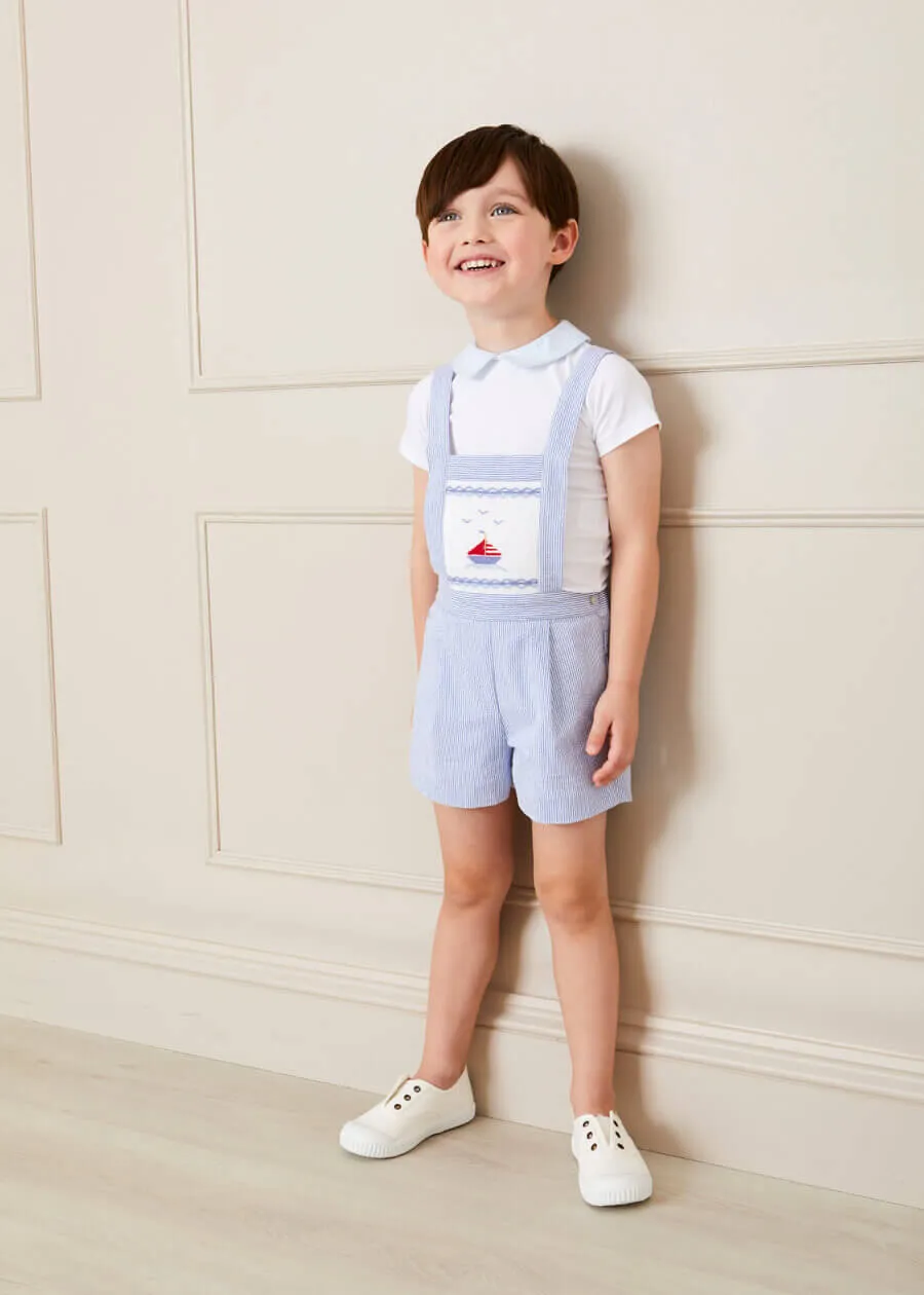 Nautical Striped Boat Embroidery Short Dungarees in Blue (18mths-4yrs)