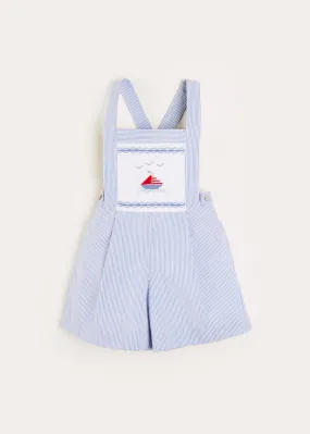 Nautical Striped Boat Embroidery Short Dungarees in Blue (18mths-4yrs)