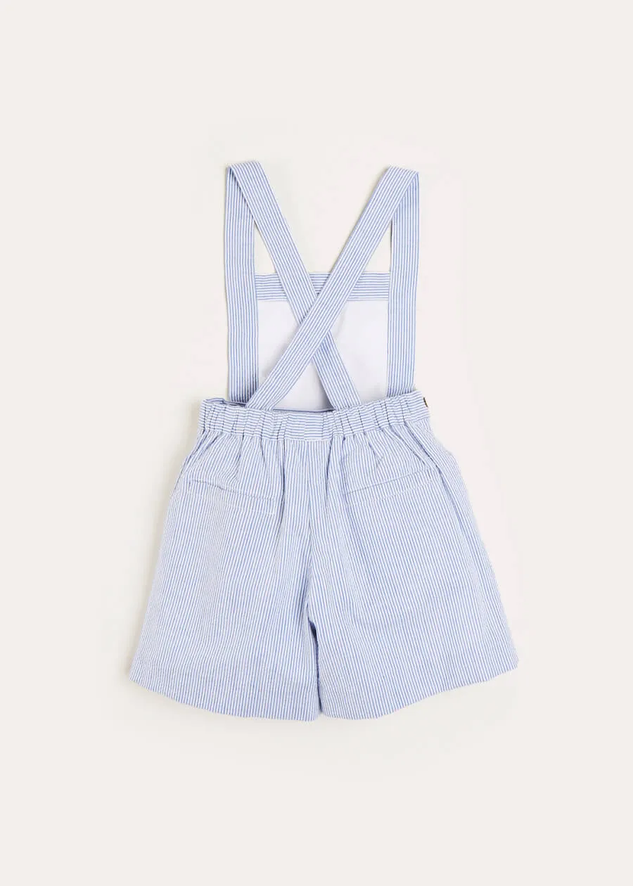 Nautical Striped Boat Embroidery Short Dungarees in Blue (18mths-4yrs)