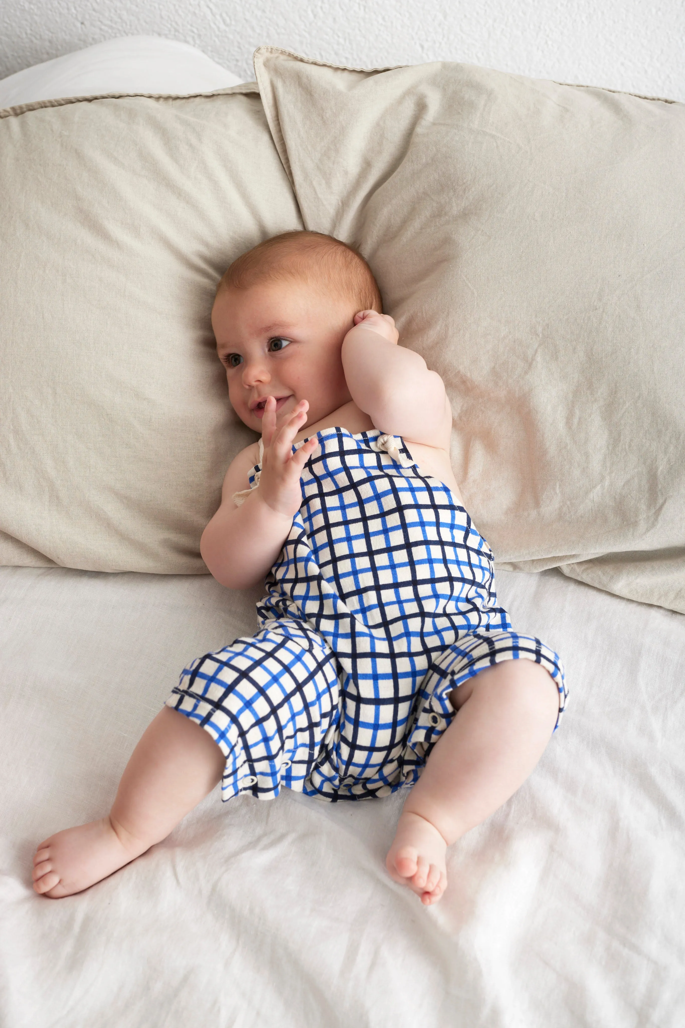 Navy Check Crepe Baby Overalls