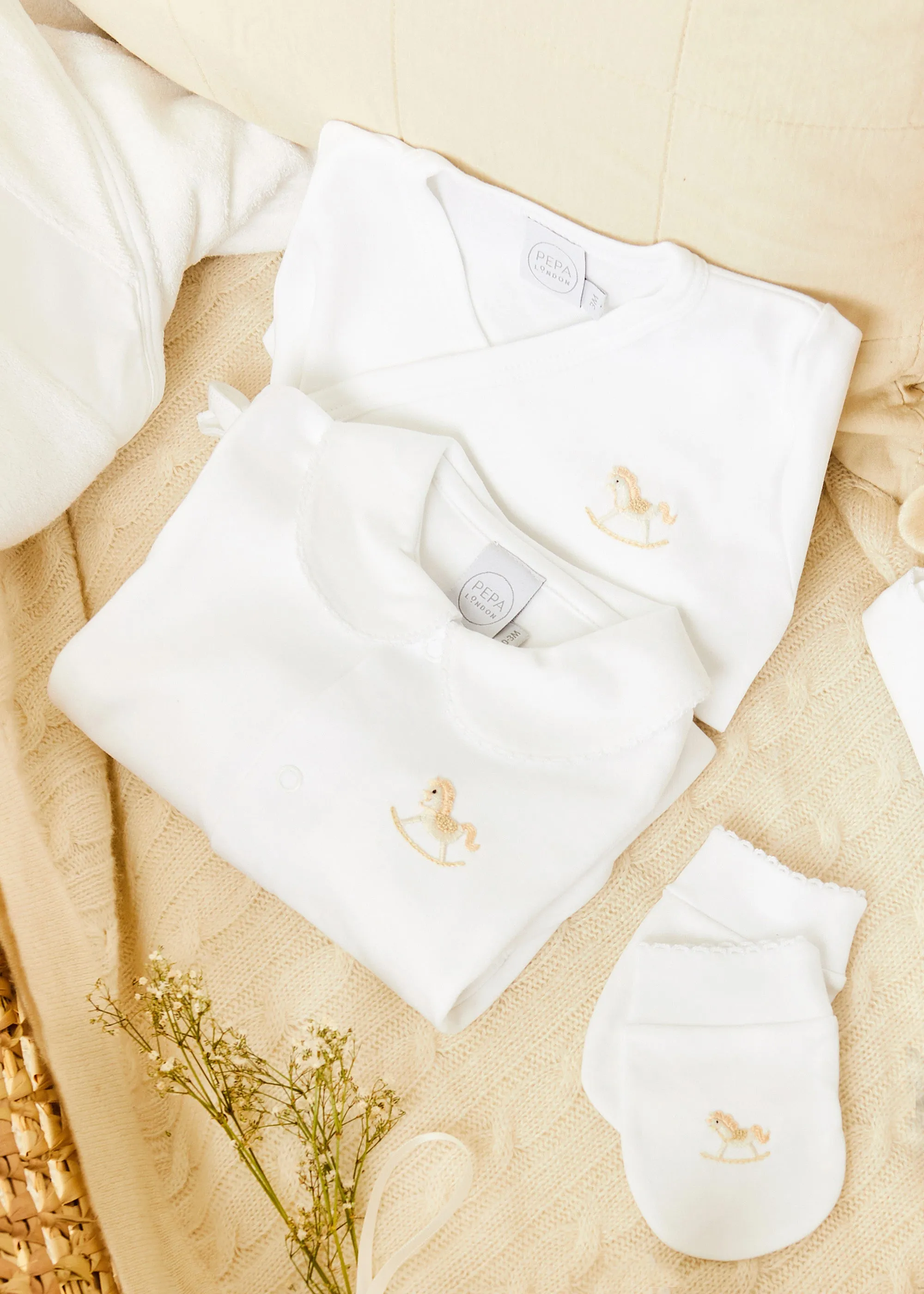 Newborn Mittens with Rocking Horse Embroidery Beige (1-3mths)