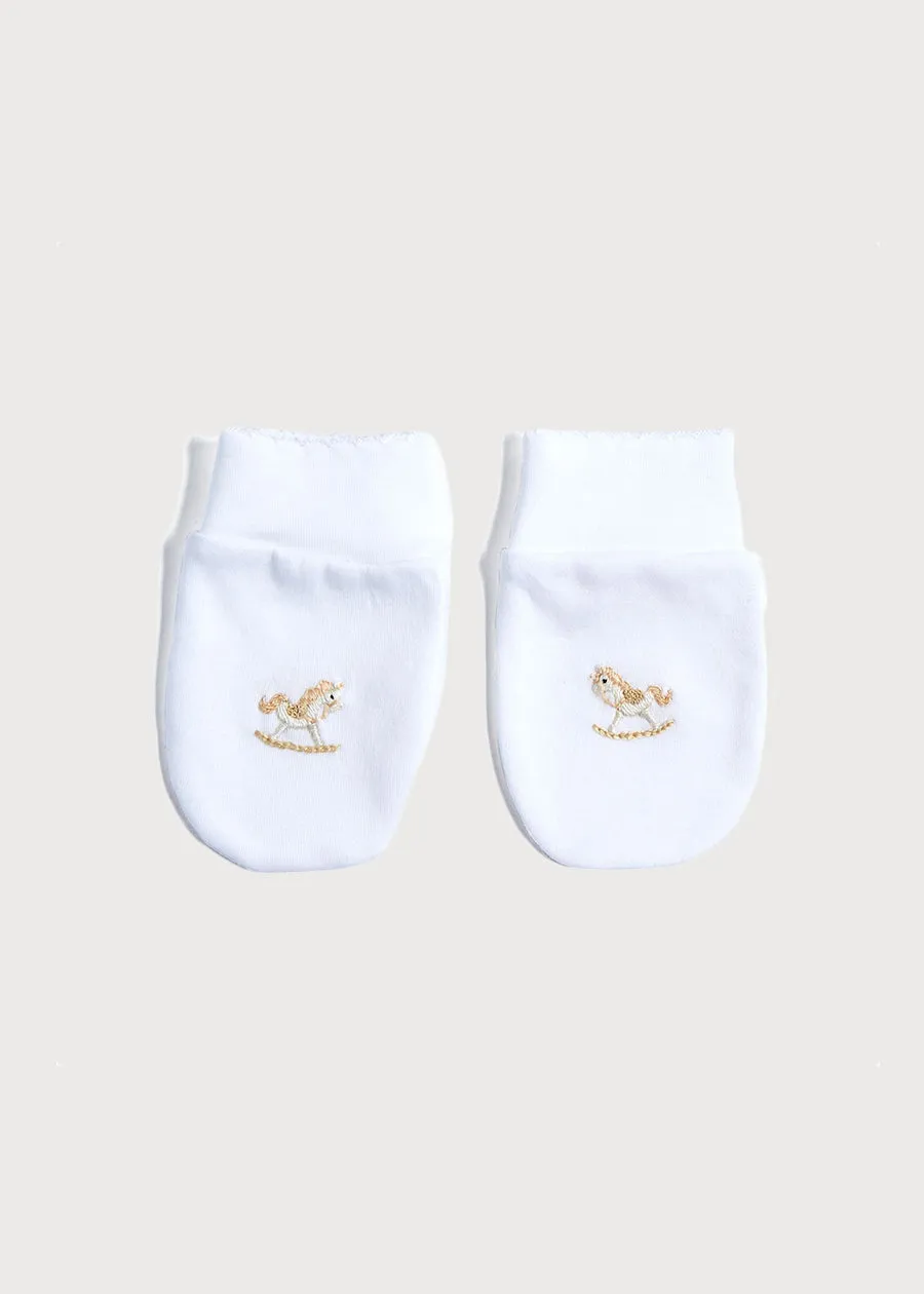 Old Newborn Mittens with Rocking Horse Embroidery Beige (0-3mths)