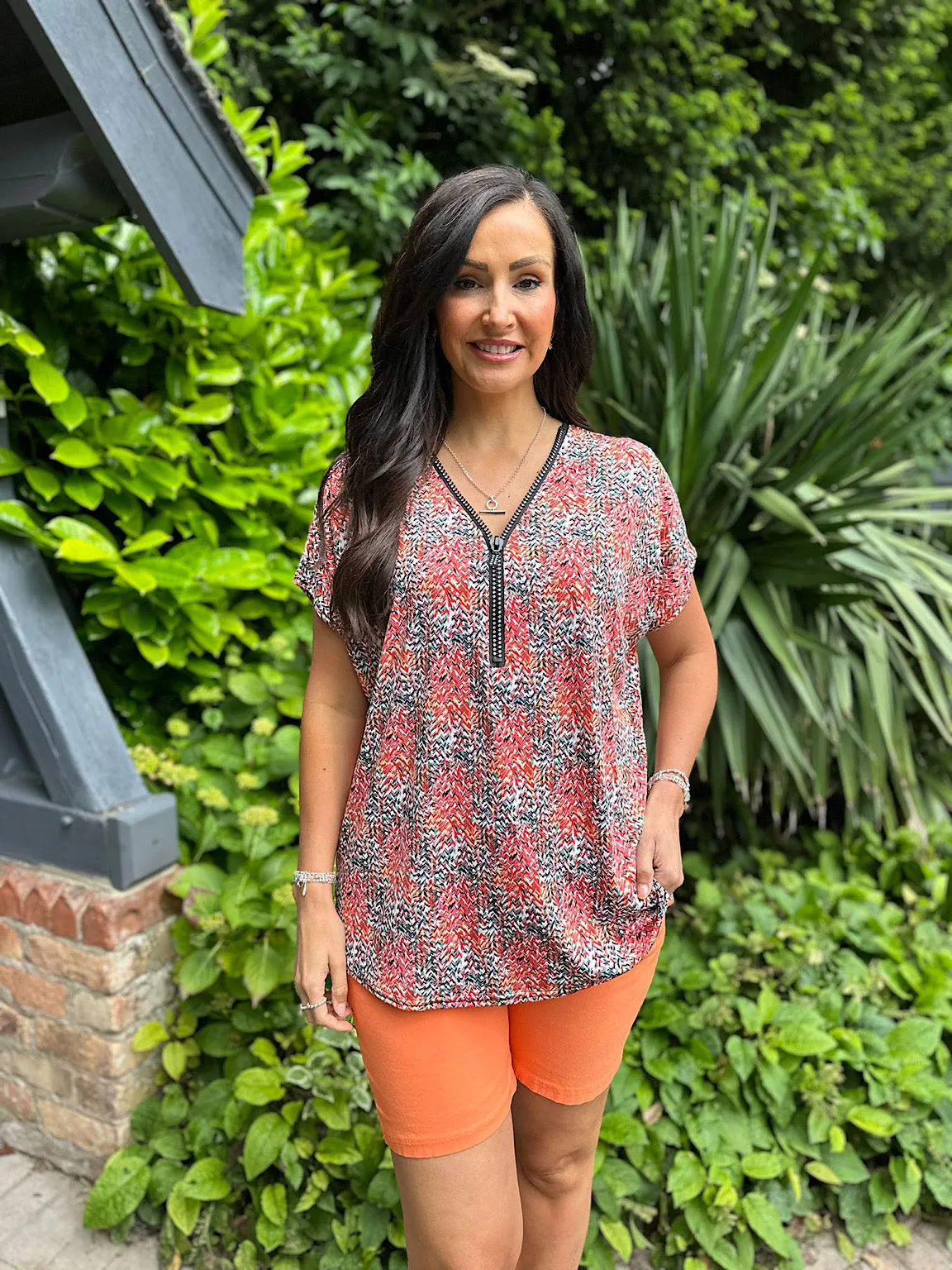 Orange Ditsy Multi Pattern Diamante Zip Top Cassie