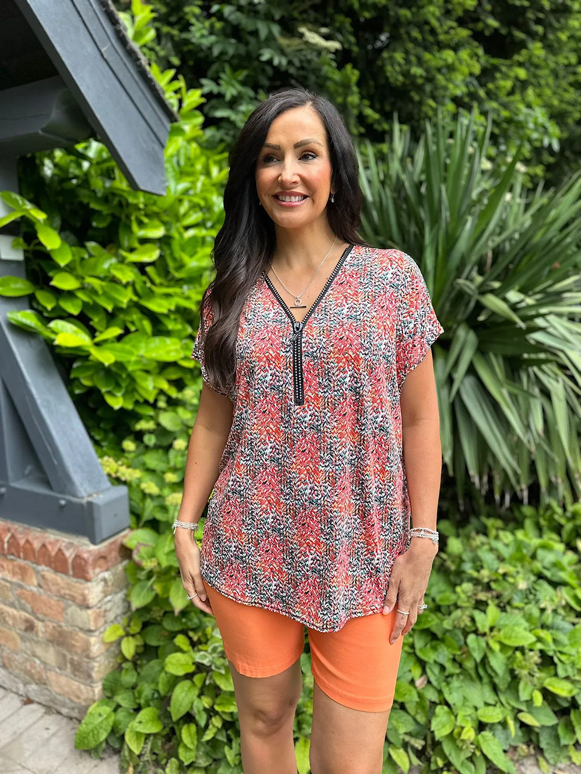 Orange Ditsy Multi Pattern Diamante Zip Top Cassie