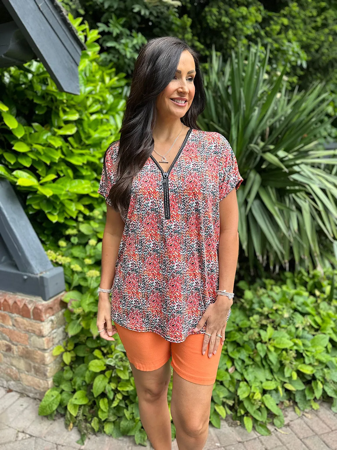 Orange Ditsy Multi Pattern Diamante Zip Top Cassie