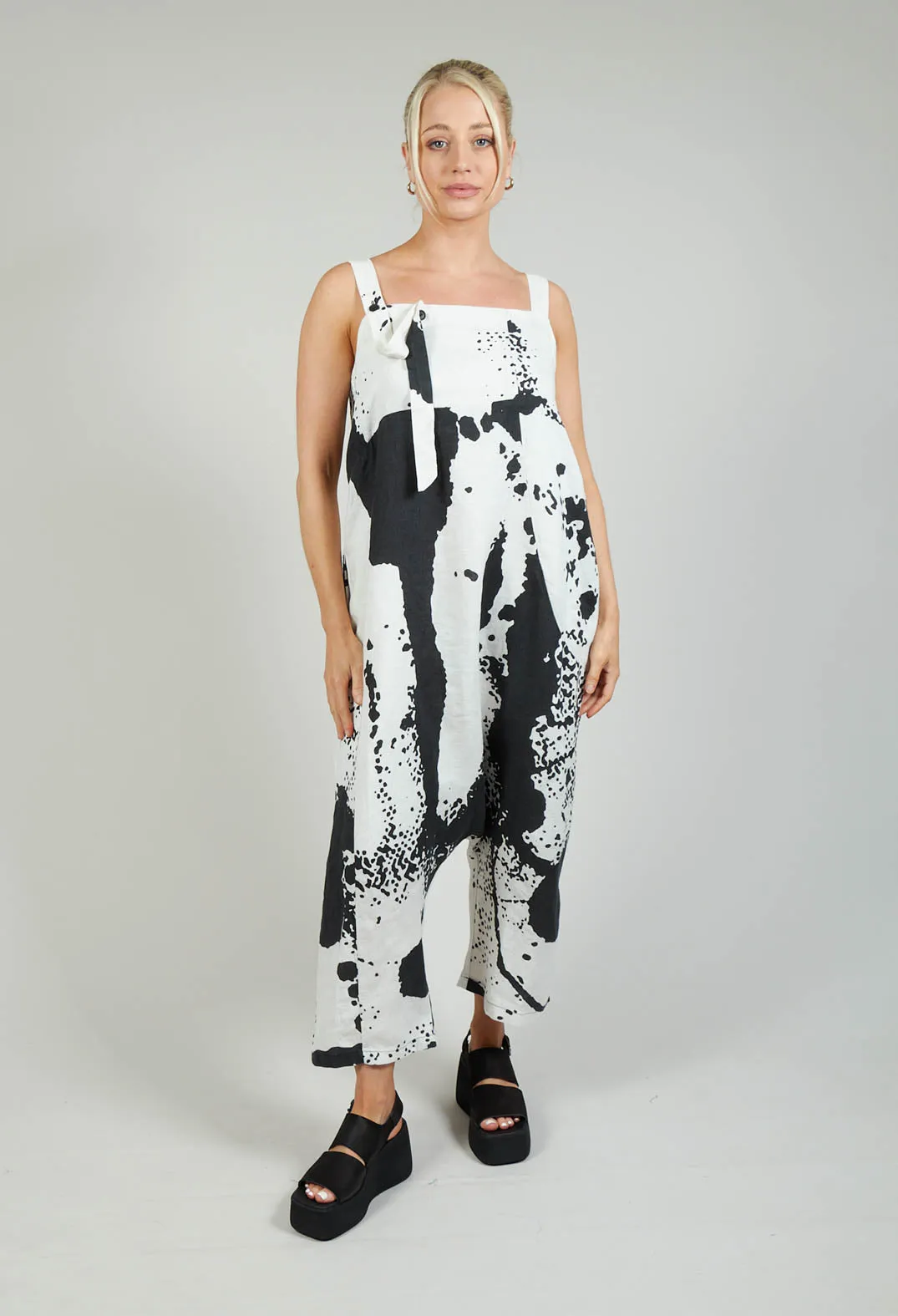 Print Linen Dungarees in Original White