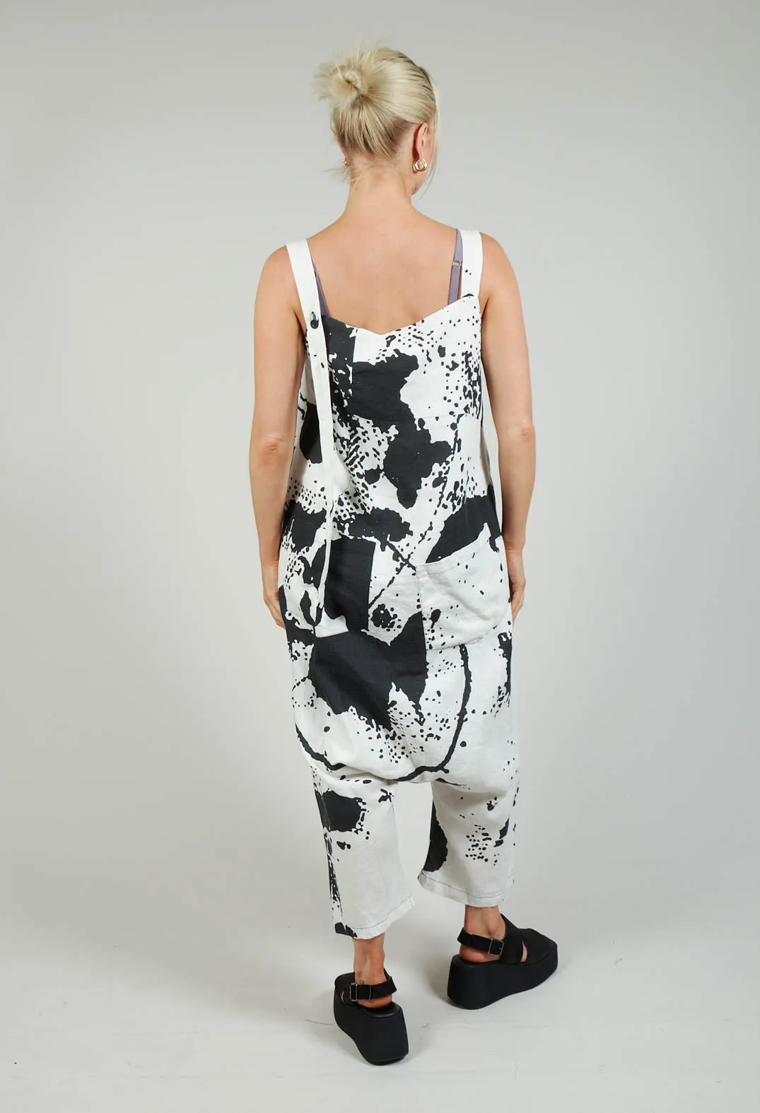 Print Linen Dungarees in Original White