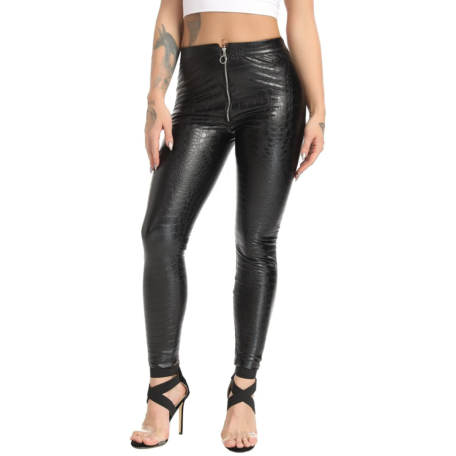 PU Faux Leather Leggings Women Zip Pant