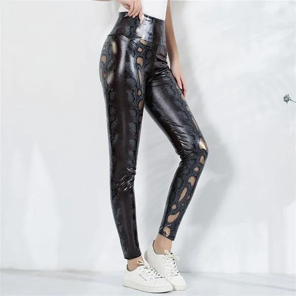 Sexy High-Waist Leather Leggings with Snake Print - Casual and Slim Fit Design for Buttocks