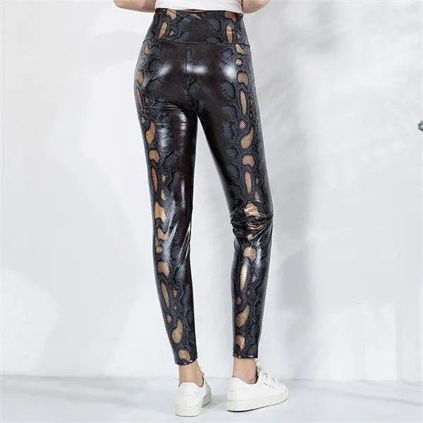 Sexy High-Waist Leather Leggings with Snake Print - Casual and Slim Fit Design for Buttocks