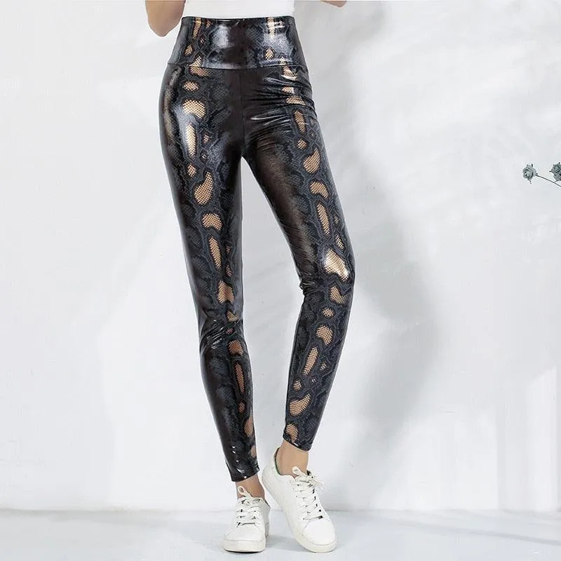 Sexy High-Waist Leather Leggings with Snake Print - Casual and Slim Fit Design for Buttocks