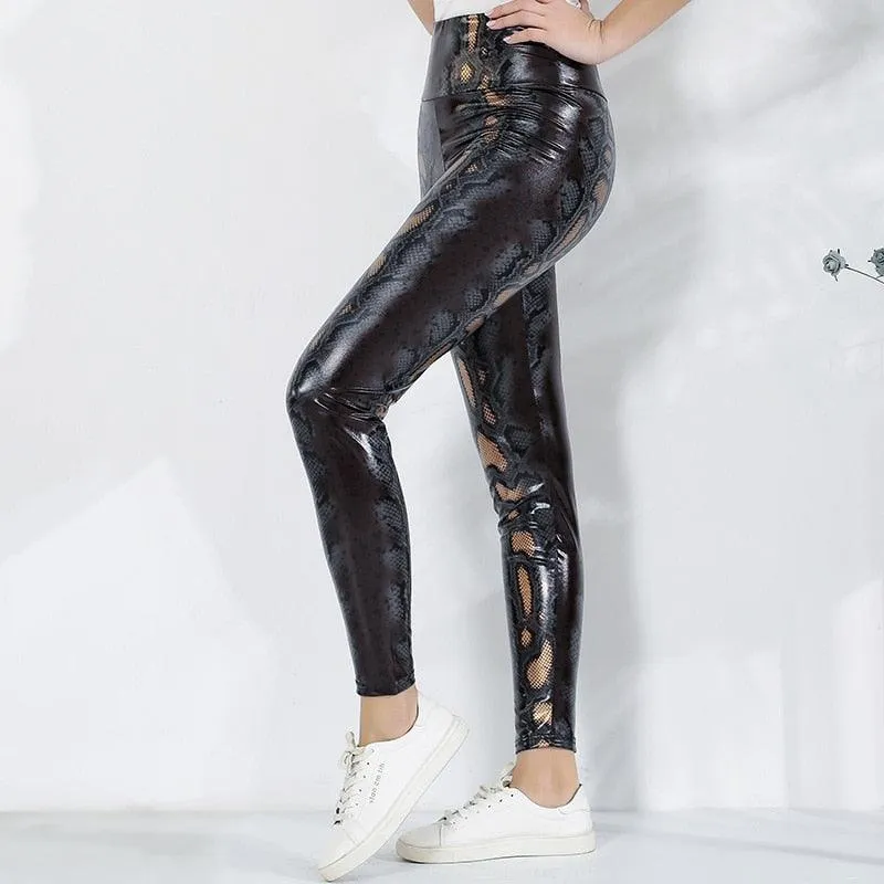 Sexy High-Waist Leather Leggings with Snake Print - Casual and Slim Fit Design for Buttocks